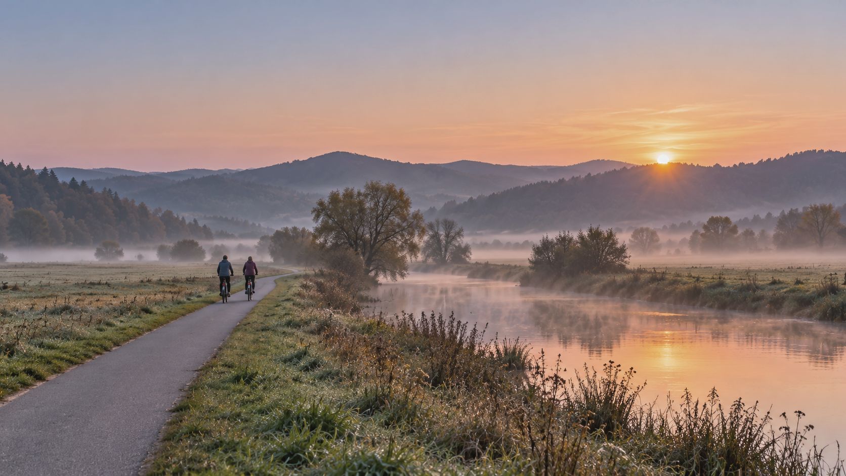 Ein flacher Radweg am Fluss im Morgennebel, zwei Radler in der Ferne