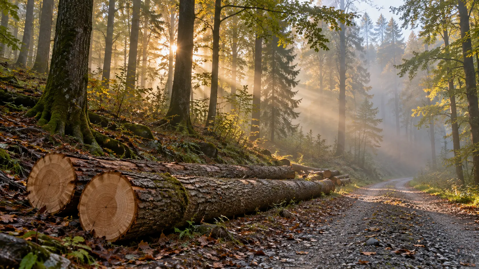 Stimmungsbild, KI-erzeugt: Morgennebel im Bergmischwald, frisch gefällte Eichenstämme am Forstweg