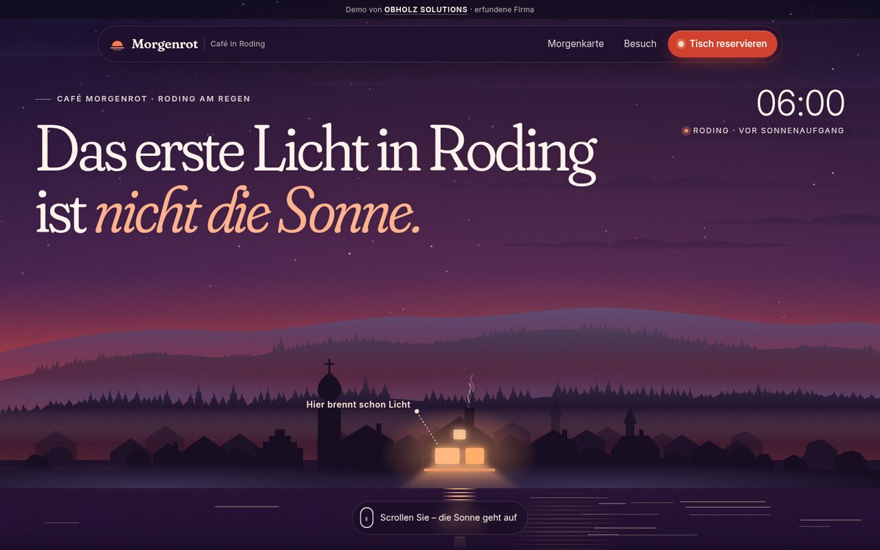 Café-Website bei Nacht: Silhouette einer Kleinstadt am Fluss, im Café brennt schon Licht