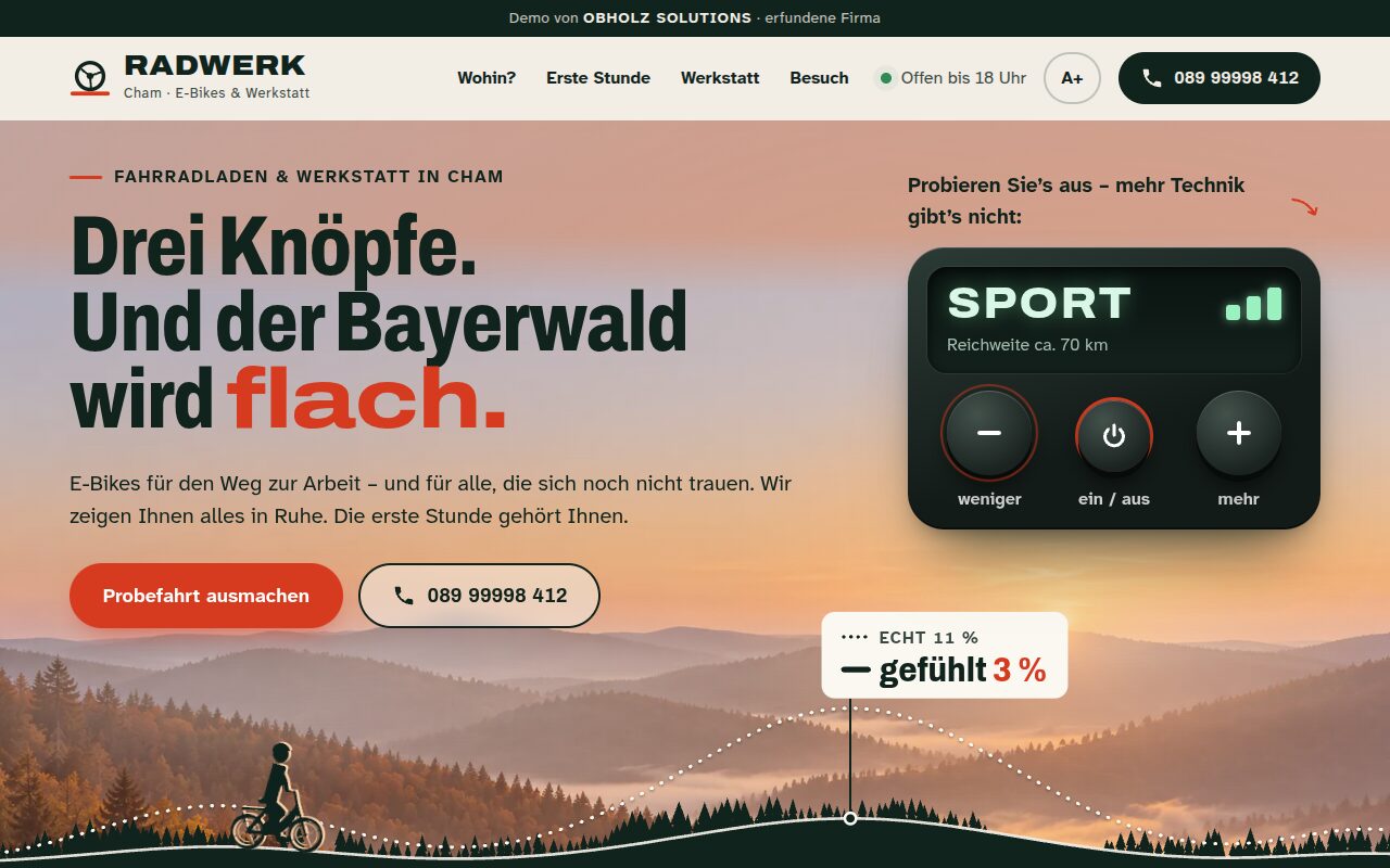E-Bike-Website: Bedienteil mit drei Knöpfen über einer Hügellandschaft im Morgenlicht, ein Radler fährt auf flacher Linie