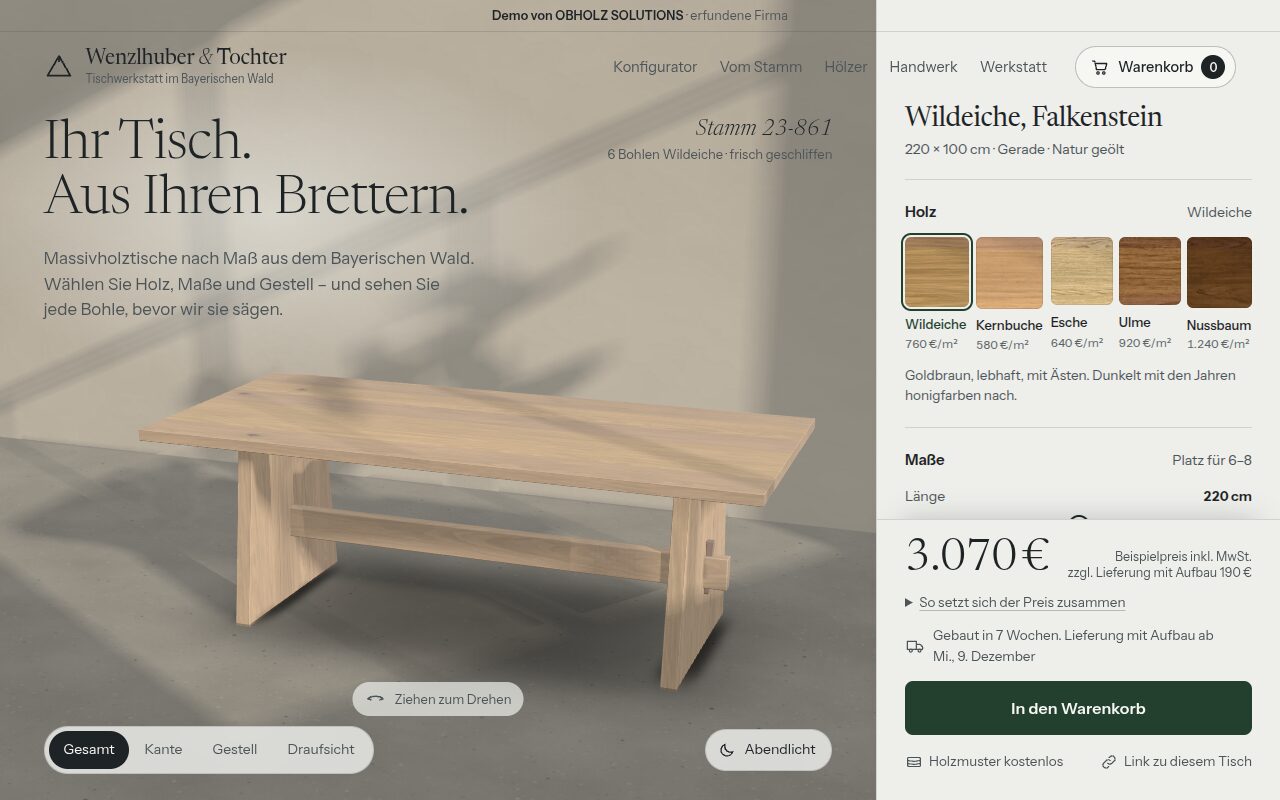 Tischkonfigurator: ein Massivholztisch aus Wildeiche in 3D, daneben Holzauswahl, Maße und Preis