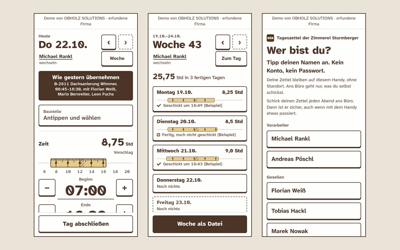 Tageszettel-App: drei Handy-Bildschirme mit Zollstock-Leiste für die Arbeitszeit, Wochenübersicht und Namenswahl ohne Konto