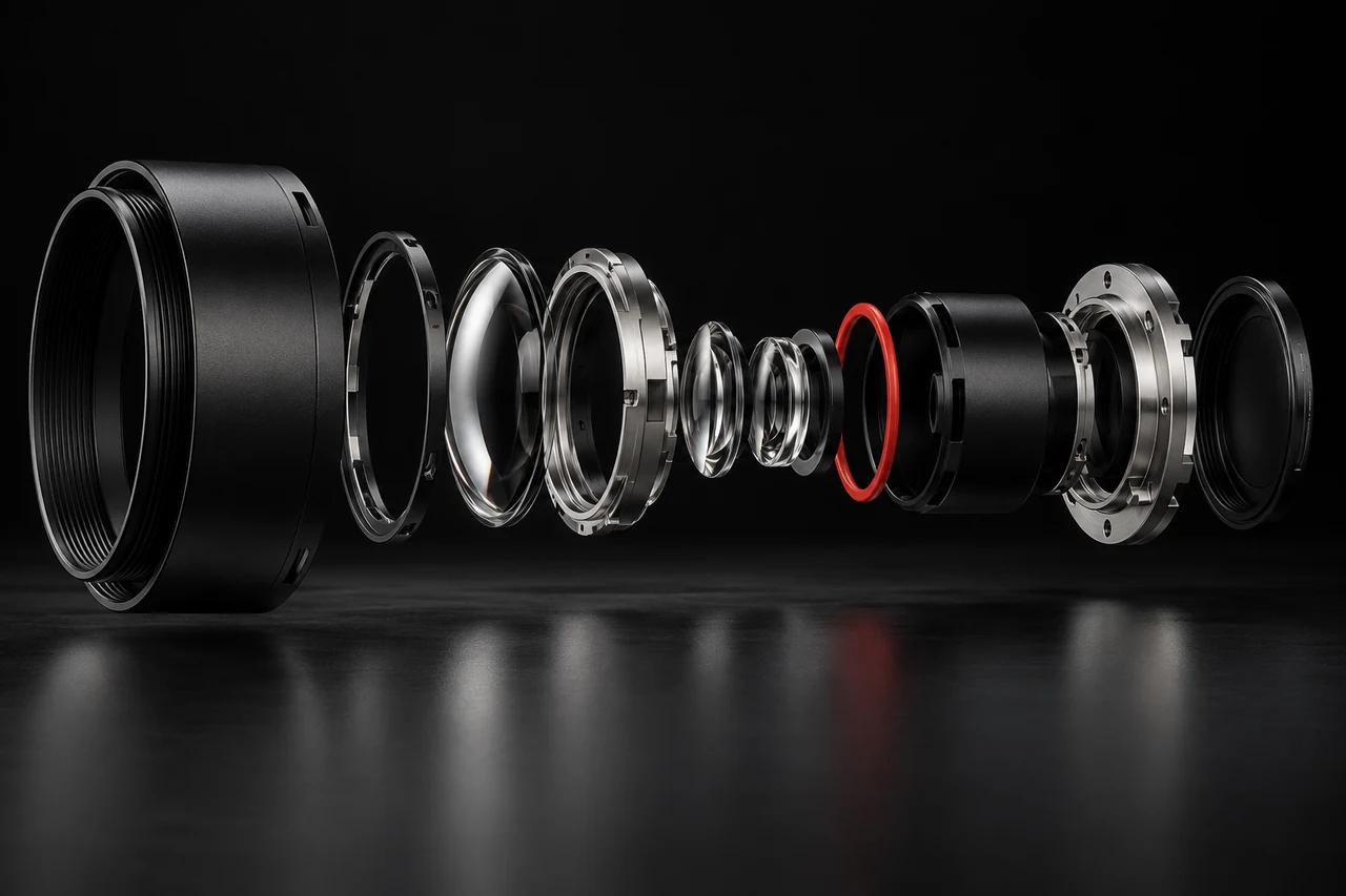 Exploded view of a black optical module with glass lenses, silver rings and a red gasket.
