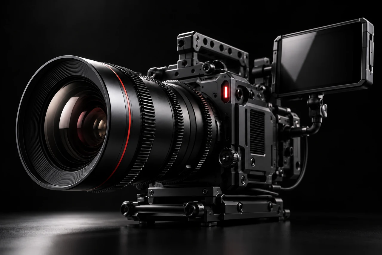 Modern black cinema camera with a large lens and side monitor.