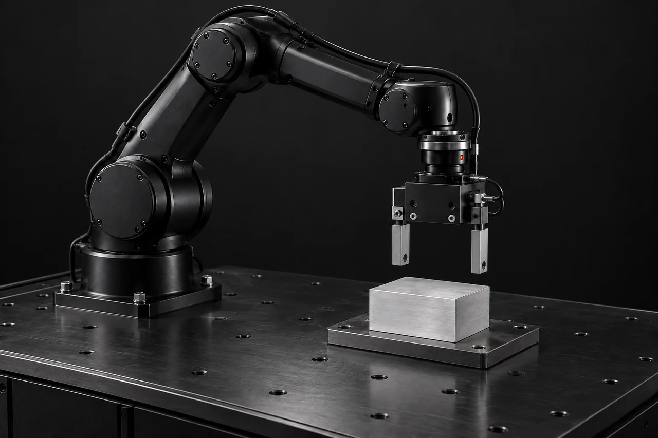 Black industrial robot with an open parallel gripper above an aluminium block resting on a fixture.