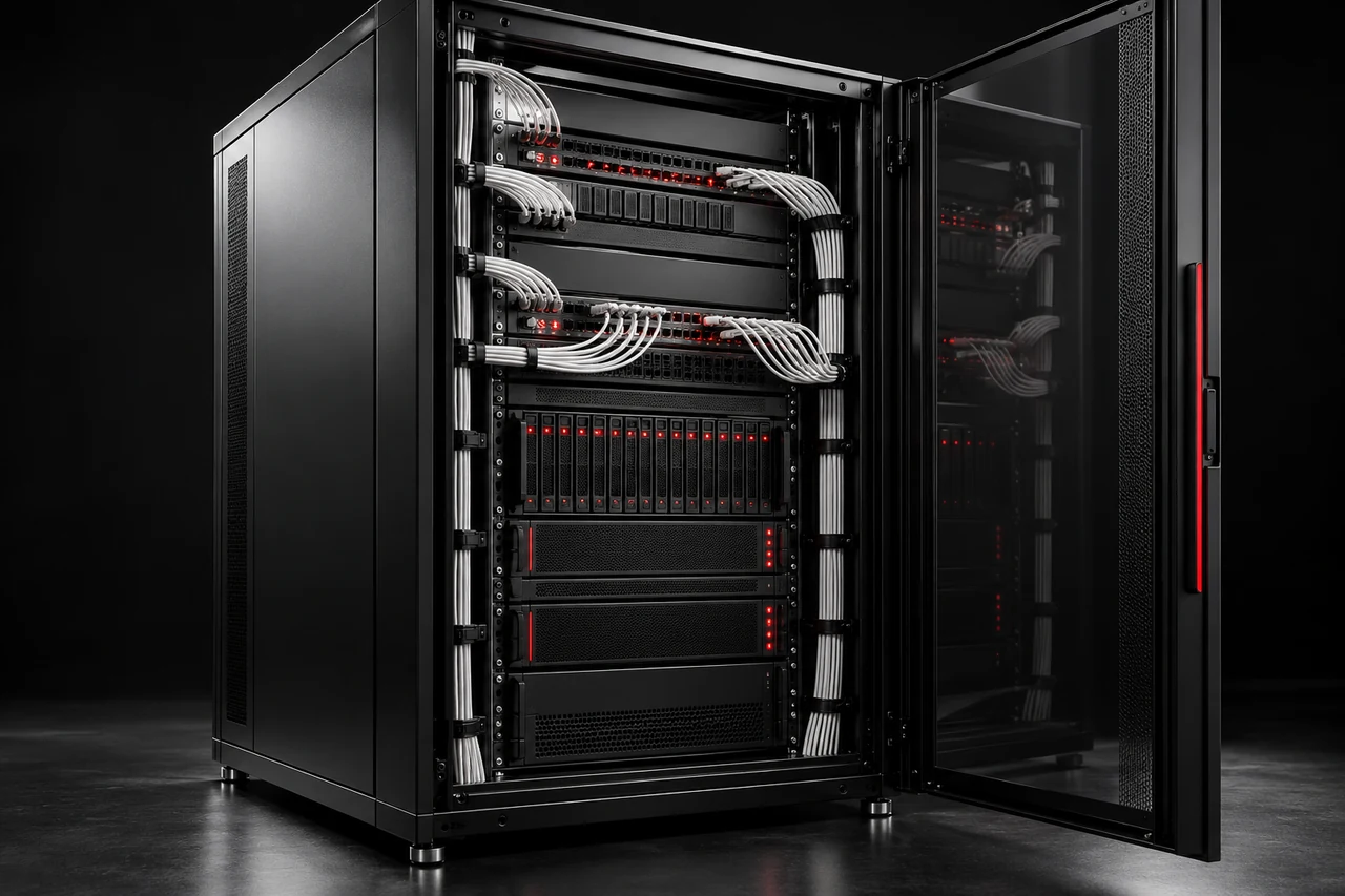 Black server cabinet with neatly routed white cables and subtle red indicators.