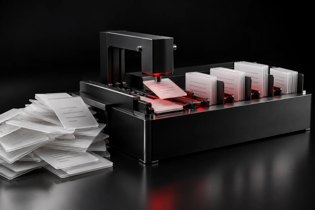 Black automation module sorting white documents along a red signal path.