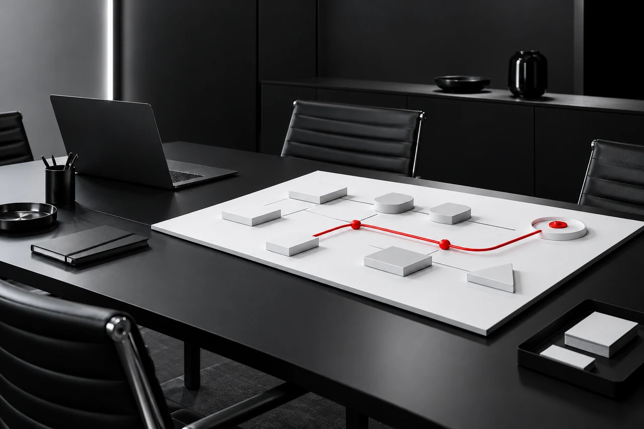Black workshop table with a laptop and a white planning board connected by a red path.