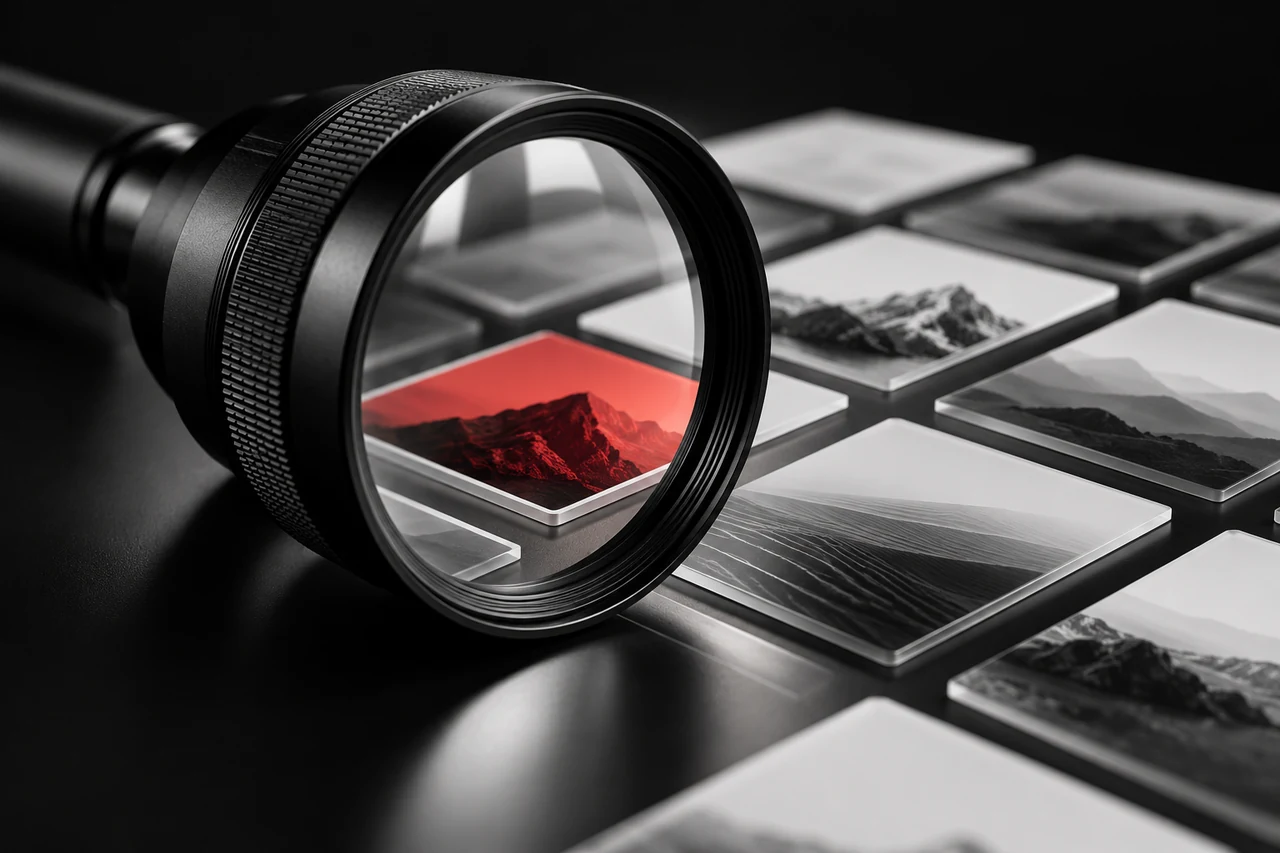 Black optical lens focusing a content card highlighted in red.