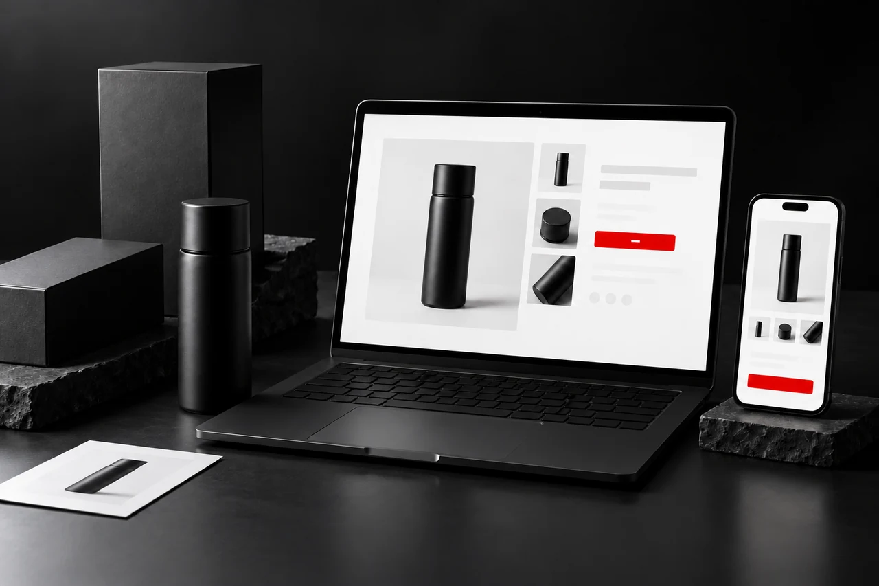 Black laptop and smartphone showing product layouts beside black packaging.