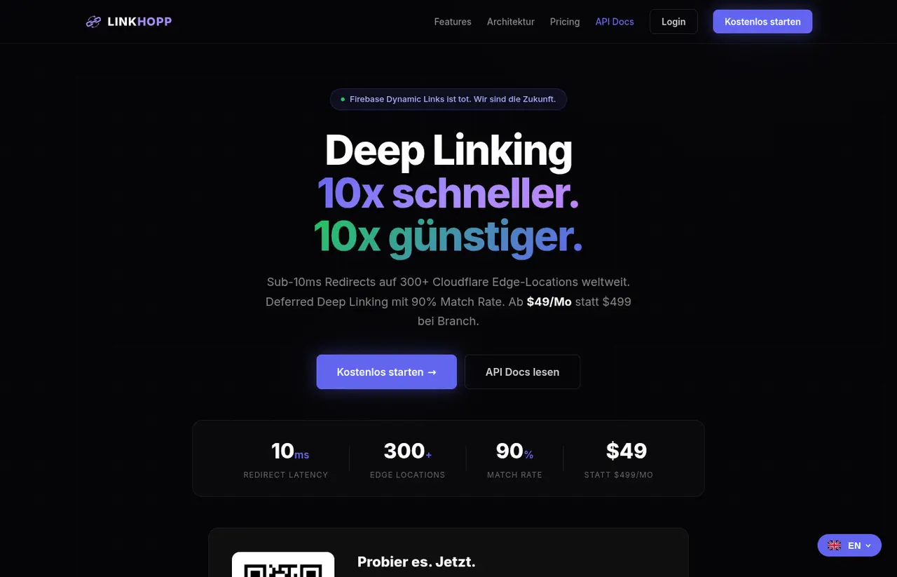 Ansicht der öffentlichen LinkHopp-Produktwebsite