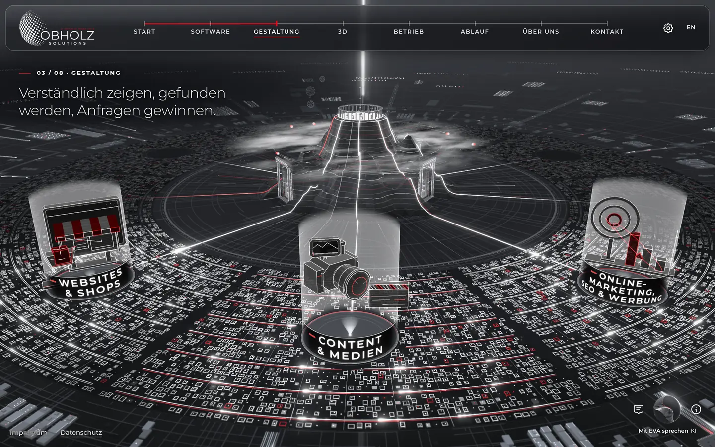 Echte Bildschirmansicht der eigenen Website von OBHOLZ SOLUTIONS mit OLYMPUS-3D-Welt